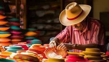 a man in a hat is working on a table with colorful hats Ai Generated photo