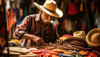 un hombre en un sombrero es trabajando en un mesa con vistoso sombreros ai generado foto