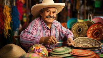 un hombre en un sombrero es trabajando en un mesa con vistoso sombreros ai generado foto