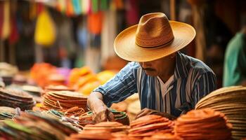 a man in a hat is working on a table with colorful hats Ai Generated photo