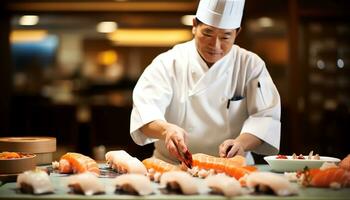 a chef is preparing sushi on a cutting board AI Generated photo