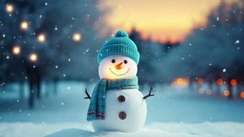 Merry Christmas and Happy New Year greeting card. Happy snowman standing in Christmas landscape with copy space. Generative Ai. photo