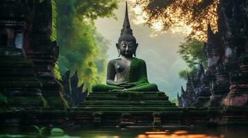 Buddha statue mediating with green nature background. Generative Ai. photo