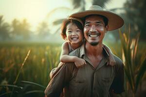 Farmer and his son with sunset agricultural landscape. Generative Ai. photo