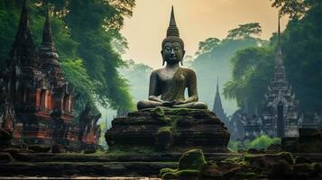 Buddha statue mediating with green nature background. Generative Ai. photo