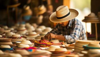 a man in a hat is working on a table with colorful hats Ai Generated photo