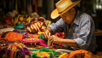 a man in a hat is working on a table with colorful hats Ai Generated photo