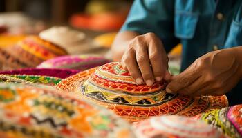 un hombre en un sombrero es trabajando en un mesa con vistoso sombreros ai generado foto