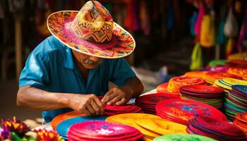 un hombre en un sombrero es trabajando en un mesa con vistoso sombreros ai generado foto