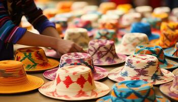 un hombre en un sombrero es trabajando en un mesa con vistoso sombreros ai generado foto