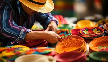 a man in a hat is working on a table with colorful hats Ai Generated photo