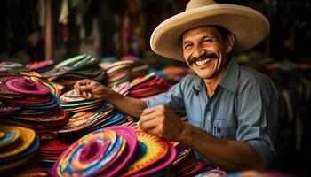 un hombre en un sombrero es trabajando en un mesa con vistoso sombreros ai generado foto