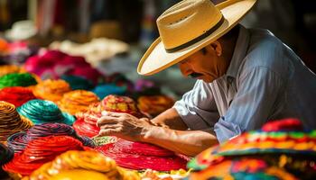 un hombre en un sombrero es trabajando en un mesa con vistoso sombreros ai generado foto