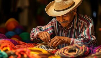 a man in a hat is working on a table with colorful hats Ai Generated photo