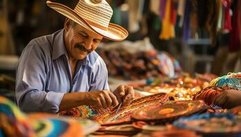 un hombre en un sombrero es trabajando en un mesa con vistoso sombreros ai generado foto