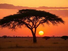 fascinante ver de el silueta de un árbol en el sabana llanuras durante puesta de sol generativo ai foto