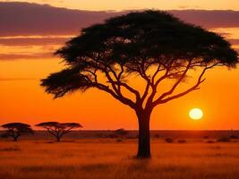 fascinante ver de el silueta de un árbol en el sabana llanuras durante puesta de sol generativo ai foto