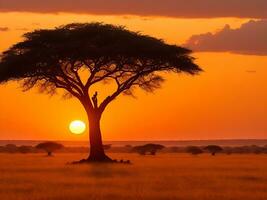 fascinante ver de el silueta de un árbol en el sabana llanuras durante puesta de sol generativo ai foto