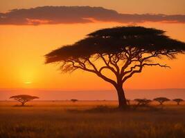 fascinante ver de el silueta de un árbol en el sabana llanuras durante puesta de sol generativo ai foto