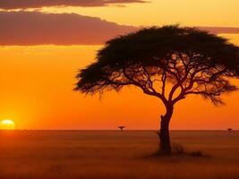 fascinante ver de el silueta de un árbol en el sabana llanuras durante puesta de sol generativo ai foto