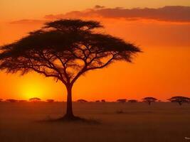 fascinante ver de el silueta de un árbol en el sabana llanuras durante puesta de sol generativo ai foto