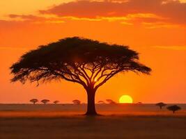 fascinante ver de el silueta de un árbol en el sabana llanuras durante puesta de sol generativo ai foto