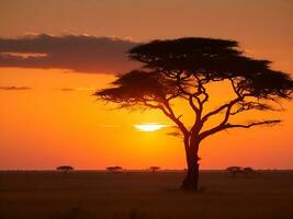 fascinante ver de el silueta de un árbol en el sabana llanuras durante puesta de sol generativo ai foto