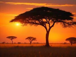 fascinante ver de el silueta de un árbol en el sabana llanuras durante puesta de sol generativo ai foto