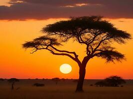 fascinante ver de el silueta de un árbol en el sabana llanuras durante puesta de sol generativo ai foto