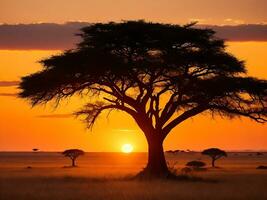 fascinante ver de el silueta de un árbol en el sabana llanuras durante puesta de sol generativo ai foto