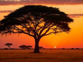 fascinante ver de el silueta de un árbol en el sabana llanuras durante puesta de sol generativo ai foto