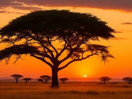 fascinante ver de el silueta de un árbol en el sabana llanuras durante puesta de sol generativo ai foto