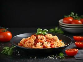 Pasta spaghetti with shrimps and tomato sauce served on plate on dark surface Generative Ai photo