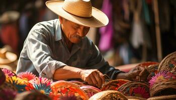 un hombre en un sombrero es de venta vistoso artículos ai generado foto