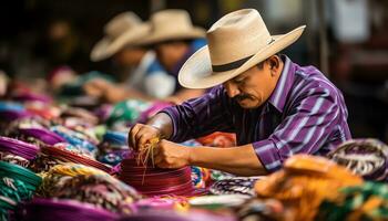 a man in a hat is selling colorful items Ai Generated photo