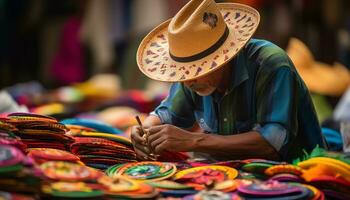 a man in a hat is selling colorful items Ai Generated photo