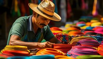 un hombre en un sombrero es de venta vistoso artículos ai generado foto