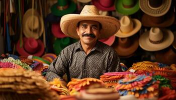 un hombre en un sombrero es trabajando en un mesa con vistoso sombreros ai generado foto