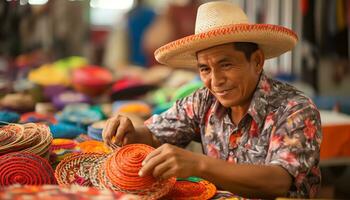 a man in a hat is working on a table with colorful hats Ai Generated photo