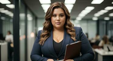 Plus size business woman with folder in office, focus on woman in business suit. AI generative photo