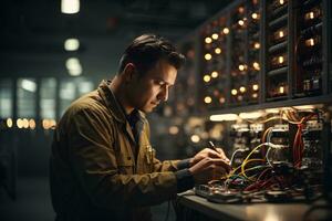 hermoso joven técnico reparando un eléctrico panel en un servidor habitación. ai generativo foto
