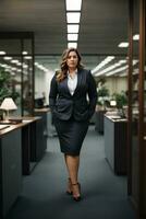 Plus size women business worker in office. Lady manager in business suit full length. AI generative photo