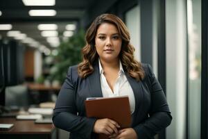 Plus size business woman with folder in office, focus on woman in business suit. AI generative photo