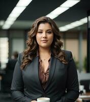 Plus size business woman sit in office. Lady manager in business suit. Office worker. AI generative photo