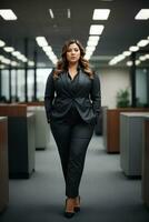 Plus size women business worker in office. Lady manager in business suit full length. AI generative photo