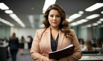 Plus size business woman sit in office. Lady manager in business suit. Office worker. AI generative photo