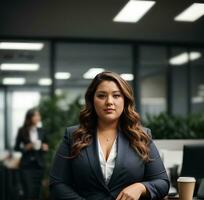 Plus size business woman sit in office. Lady manager in business suit. Office worker. AI generative photo