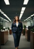 Plus size women business worker in office. Lady manager in business suit full length. AI generative photo