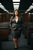 Plus size women business worker in office. Lady manager in business suit full length. AI generative photo