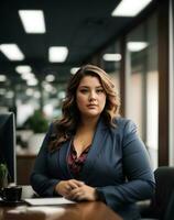 Portrait of plus size women business worker in office. Lady manager in business suit. Office worker. AI generative photo